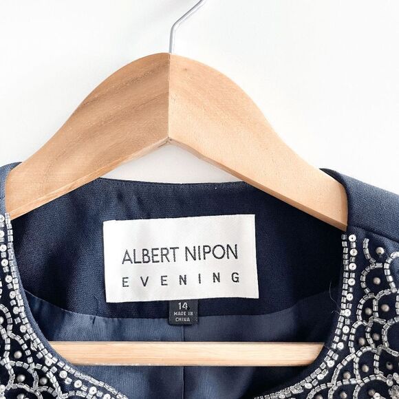 Albert Nipon Evening Navy Jacket Blazer Sequin & Beading On Lapels Cuffs Sz 14 - Picture 4 of 8